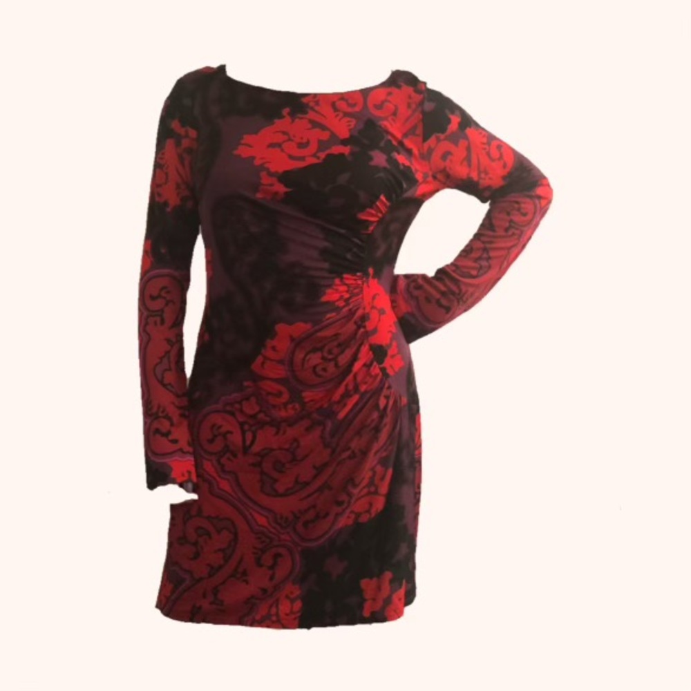 Hale Bob Fall Abstract Long Sleeve scoop-neck *100% SILK* Jersey Dress sz L